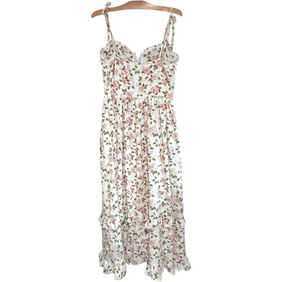 West of Melrose Floral‎ Print Maxi Dress Tiered Ruffle Milkmaid Cottage Sz M White Size M - Image 9