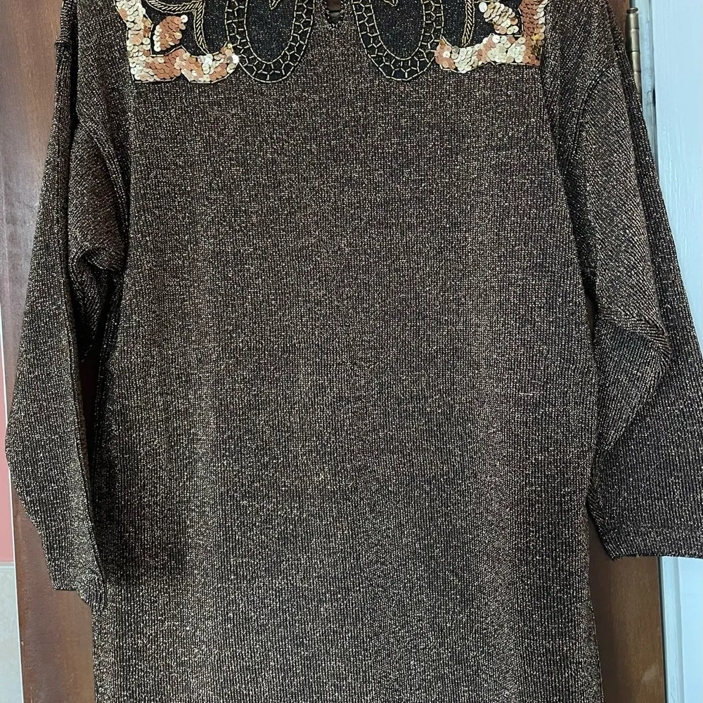 Larisa Vtg Dress Holiday Black Gold Shoulder Pad Sequin Embellished Sweater Size L - Image 10
