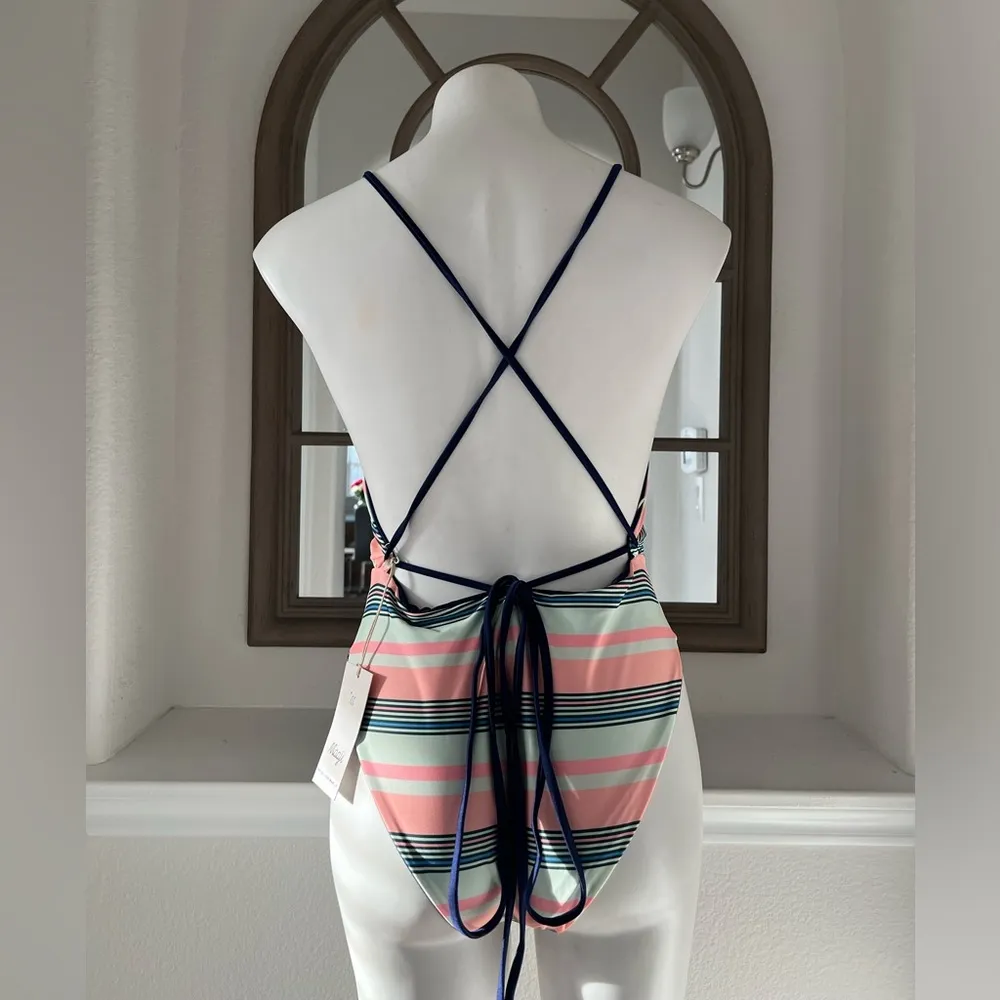Maaji Safari Reversible Plunge One-Piece Swimsuit Stripe/Solid, Blue New w/Tag - Image 12