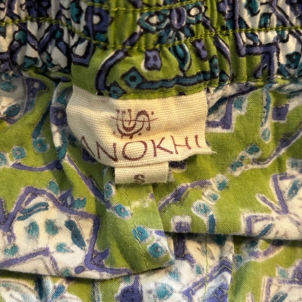Anokhi Size S Cotton Wide Leg Crops Cropped Pants Print Boho Indie Green - Image 3