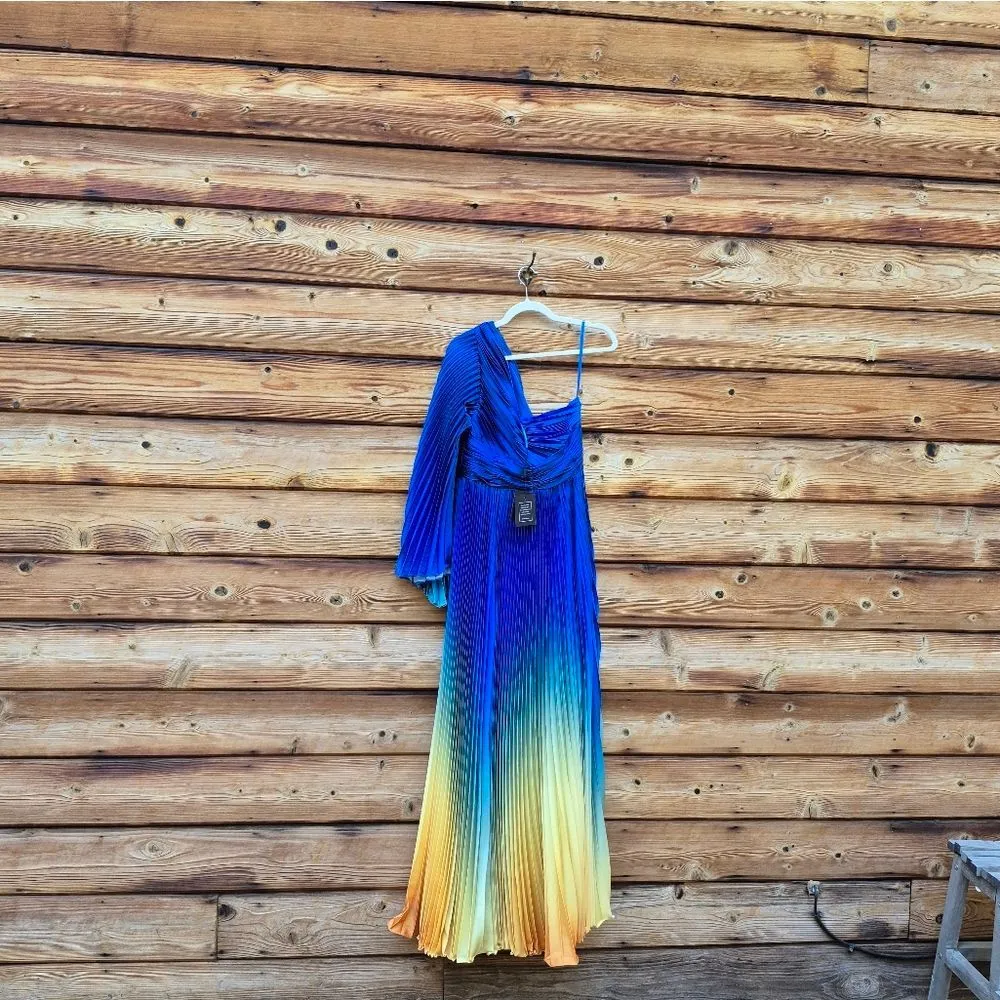 MAC DUGGAL 49903 Blue Ombre Pleated Charmeuse One-Shoulder Gown Dress 10 - Image 15