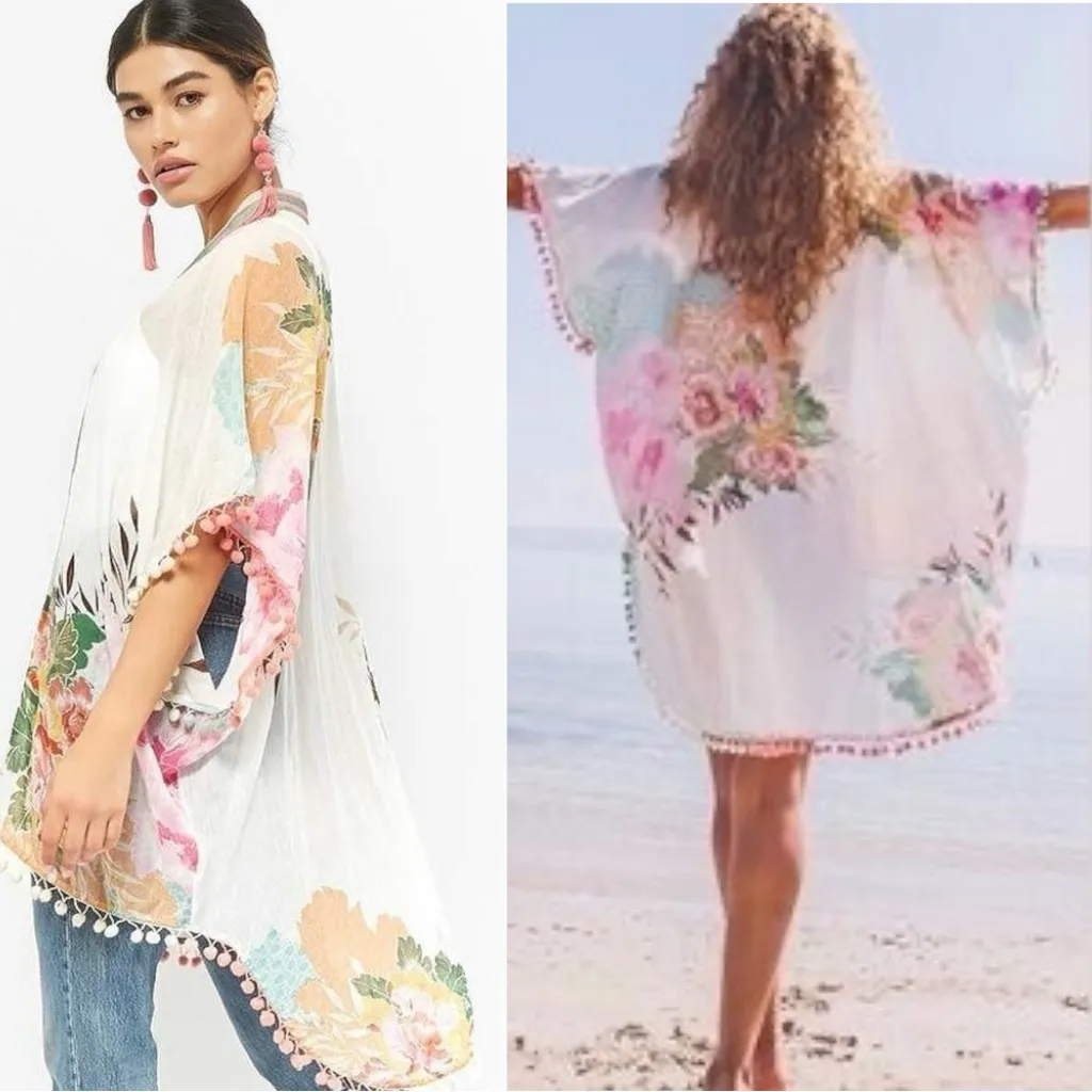 Anthropologie Z & L Europe Floral Pom Pom Kimono Tunic Coverup Bohemian OS - Image 3