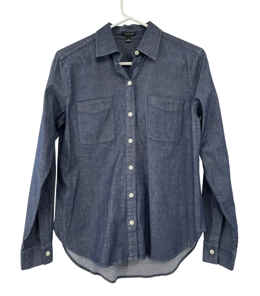Ann Taylor Denim-Look Blouse Women's 0 Convertible Arms Used - Image 1