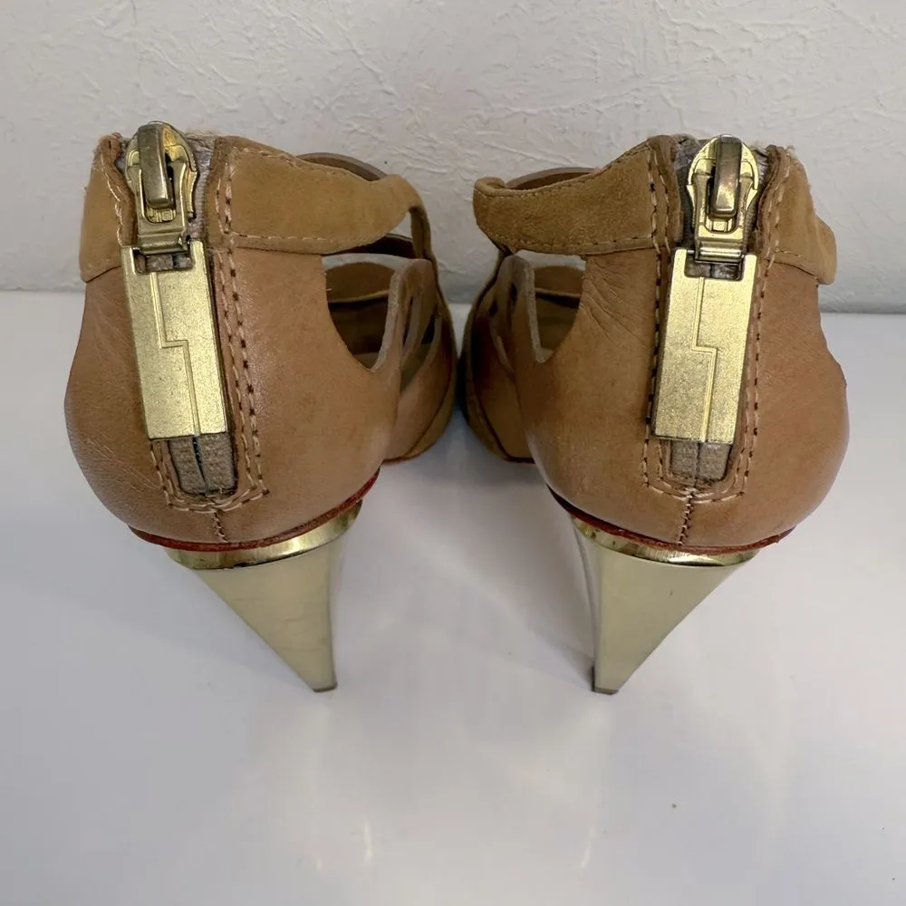 L.A.M.B. Dominica Tan Peep-Toe Gold Heel size 7 - Image 4
