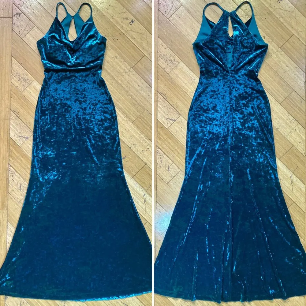 Vtg 90s Morgan Prom Slip Maxi Dress Fairy Grunge Mermaid Goth Bias Cut Velvet XS Blue - Image 3