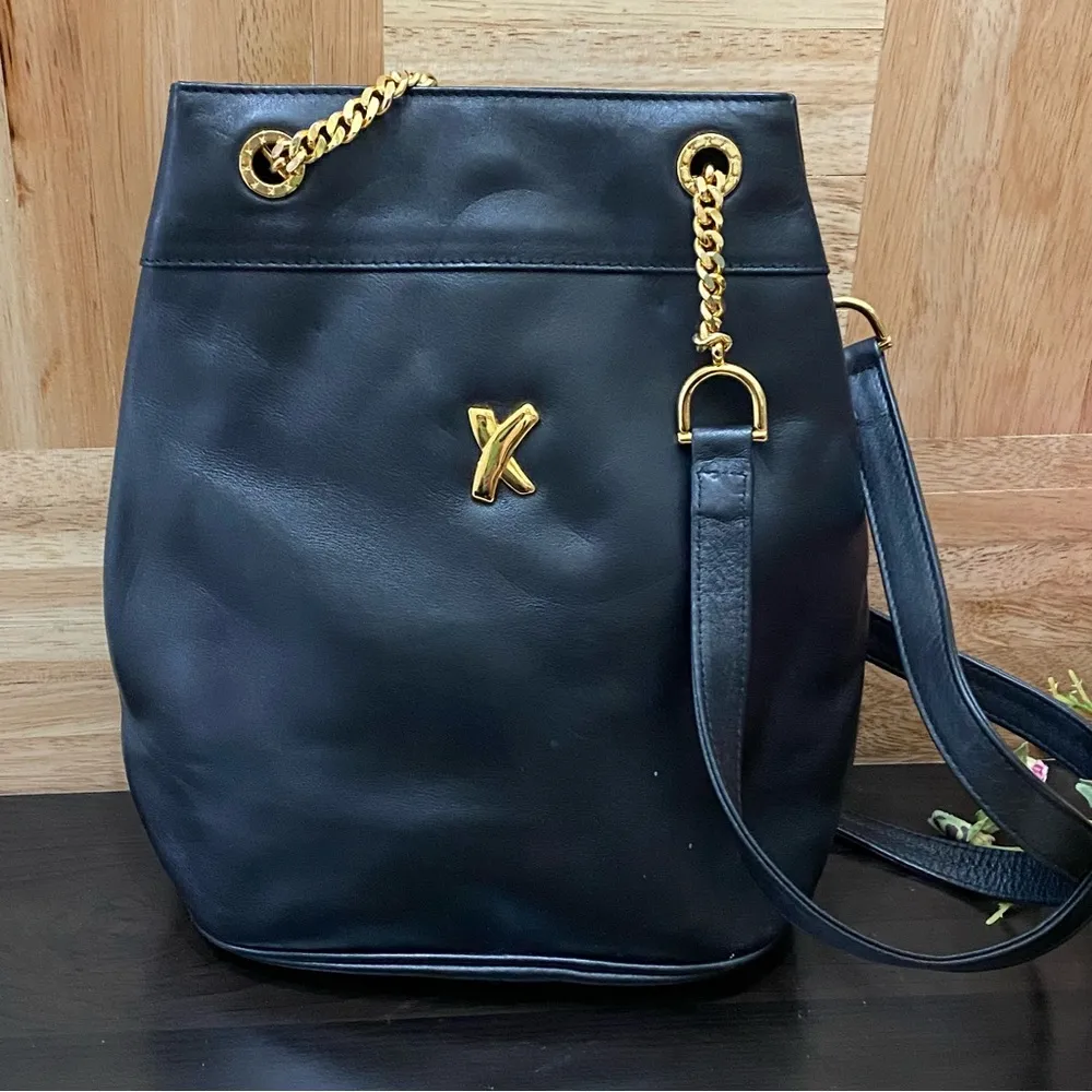 Vintage PALOMA PICASSO Italian Black Leather Gold Chain Handle Shoulder Bag - Image 3