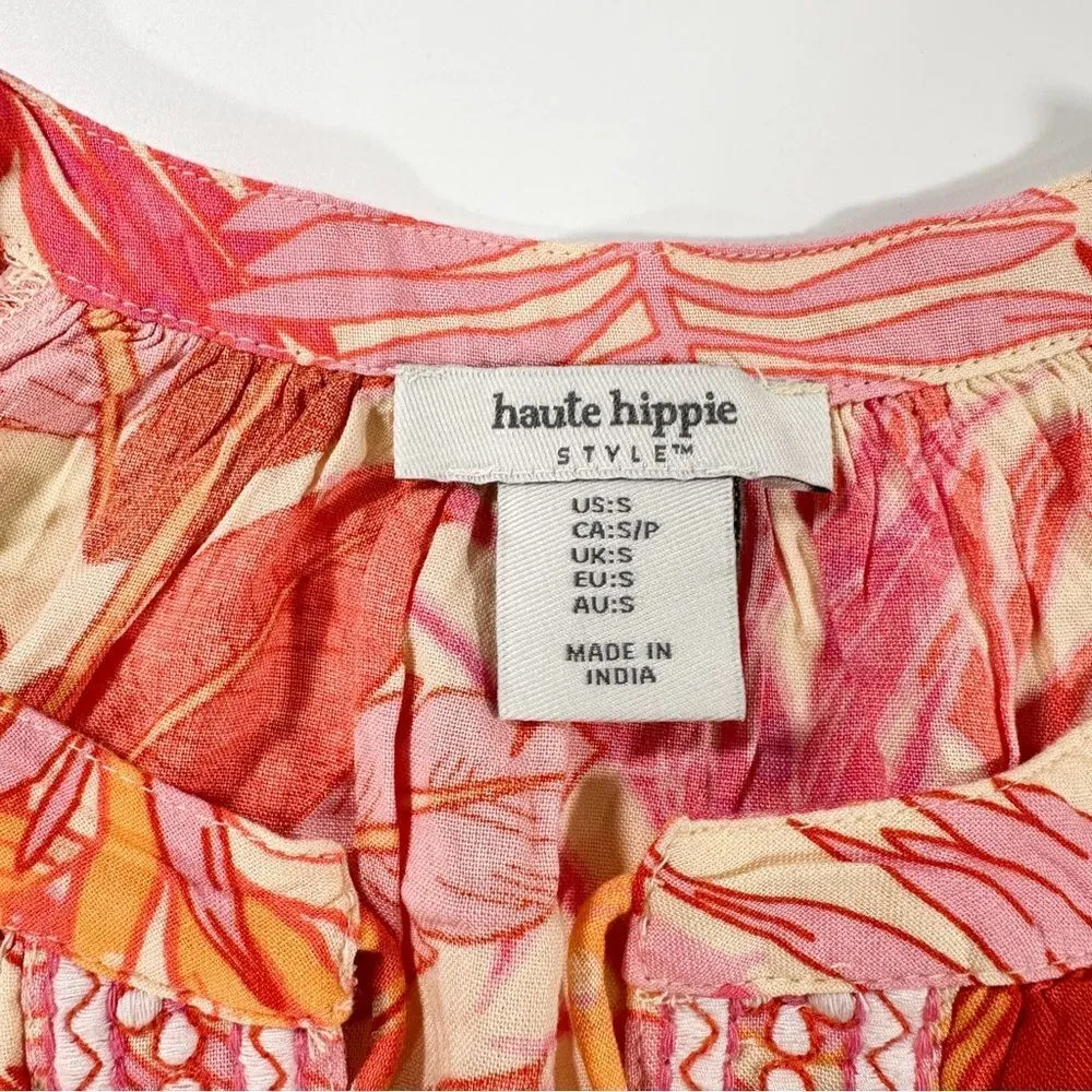 Size S Tropical Floral Bohemian Peasant Style Blouse With Tassels - Image 7