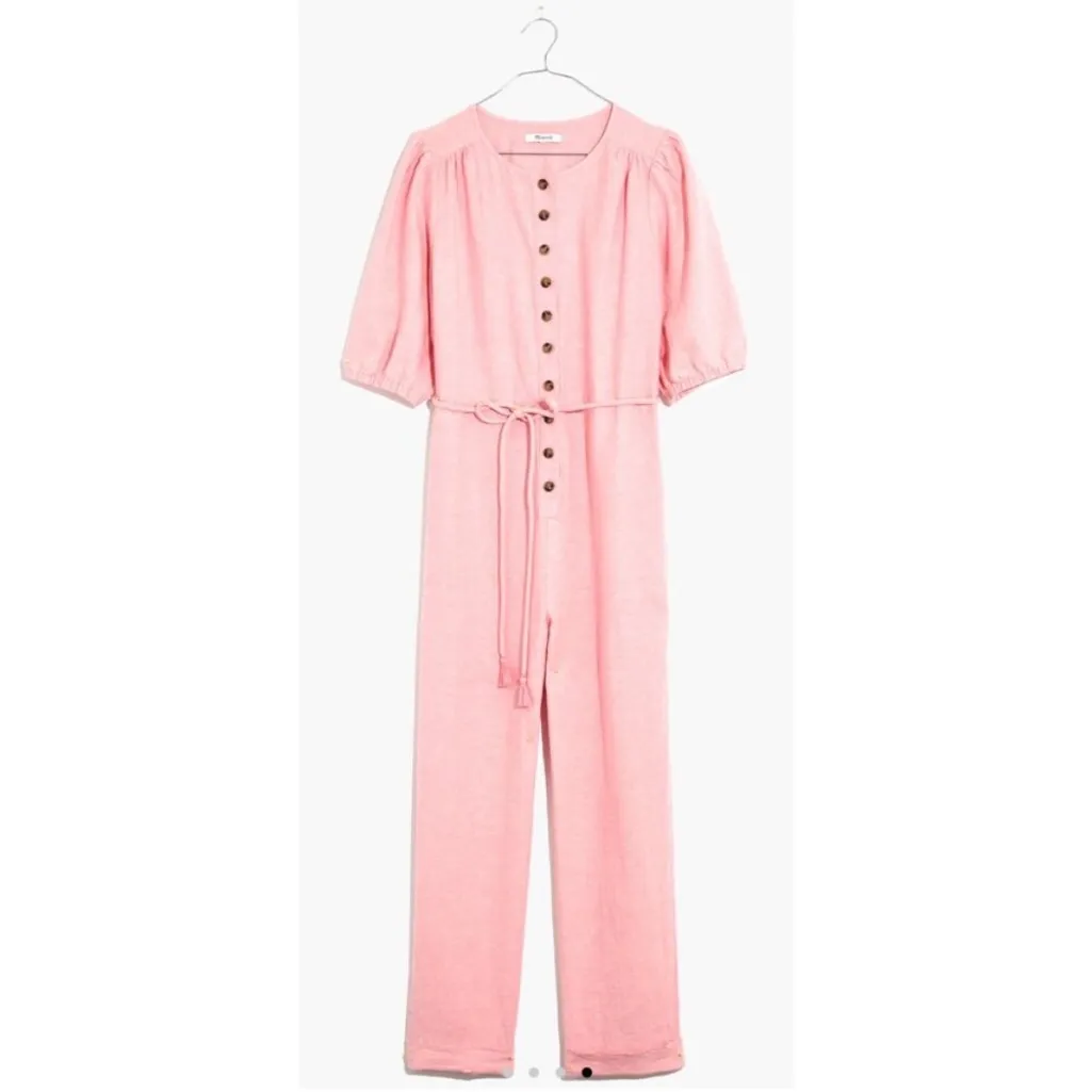 Madewell Pink Linen Puff Sleeve Waist Tie Jumpsuit Size S - Image 3