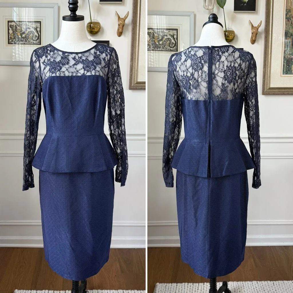 David Meister Navy Blue Lace Peplum Illusion Neck Sleeve Cocktail Dress $450 10 - Image 2