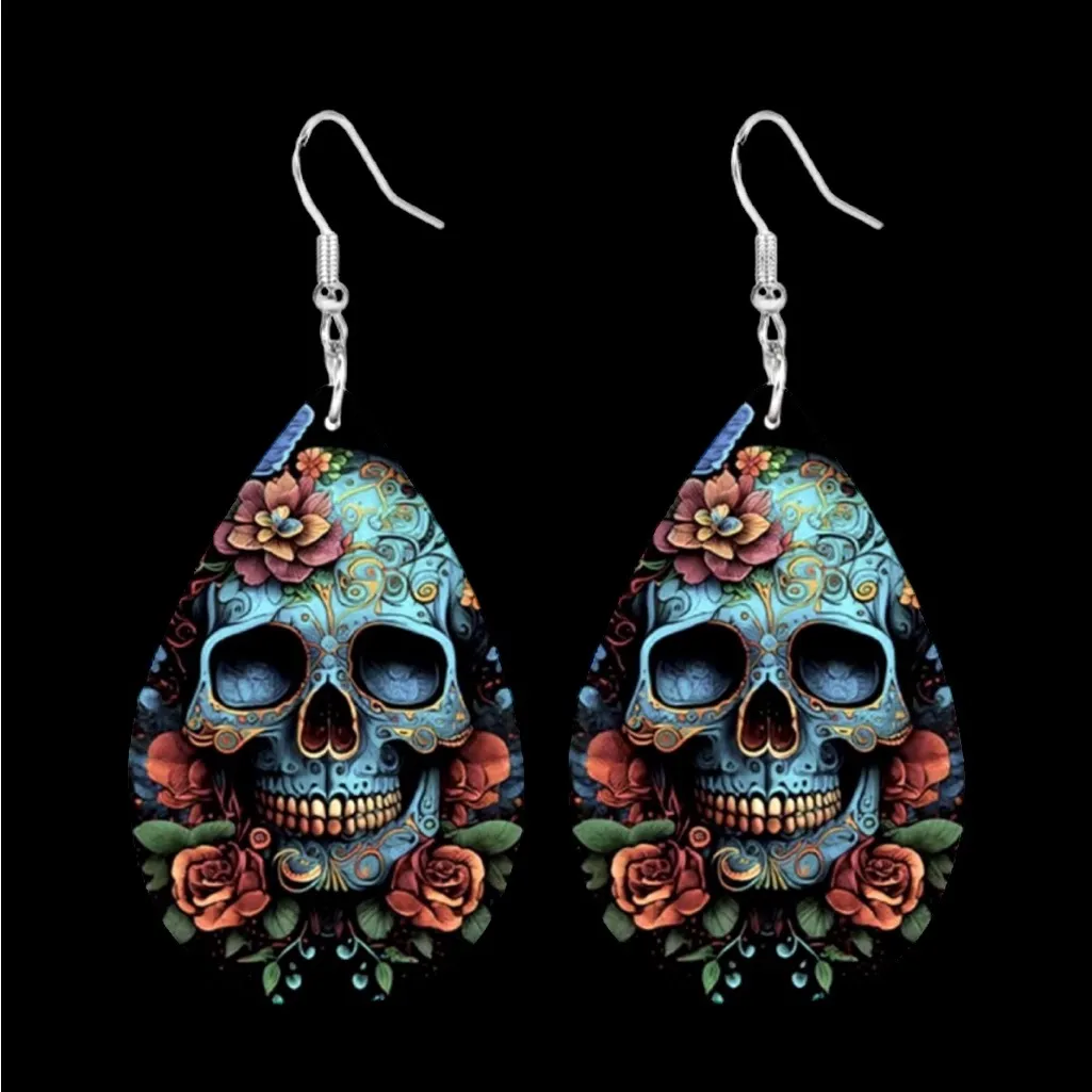 Gorgeous Blue Skull with Flower Print Teardrop Dangle Halloween Earrings Gothic‎ - Image 6