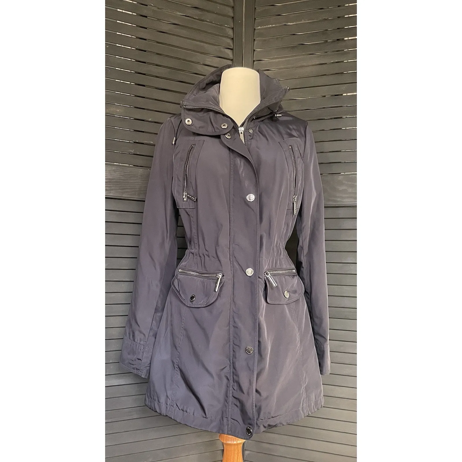 Michael Kors Women Navy BluenHooded Anorak Jacket Zip Pockets Drawstring Waist M - Image 3