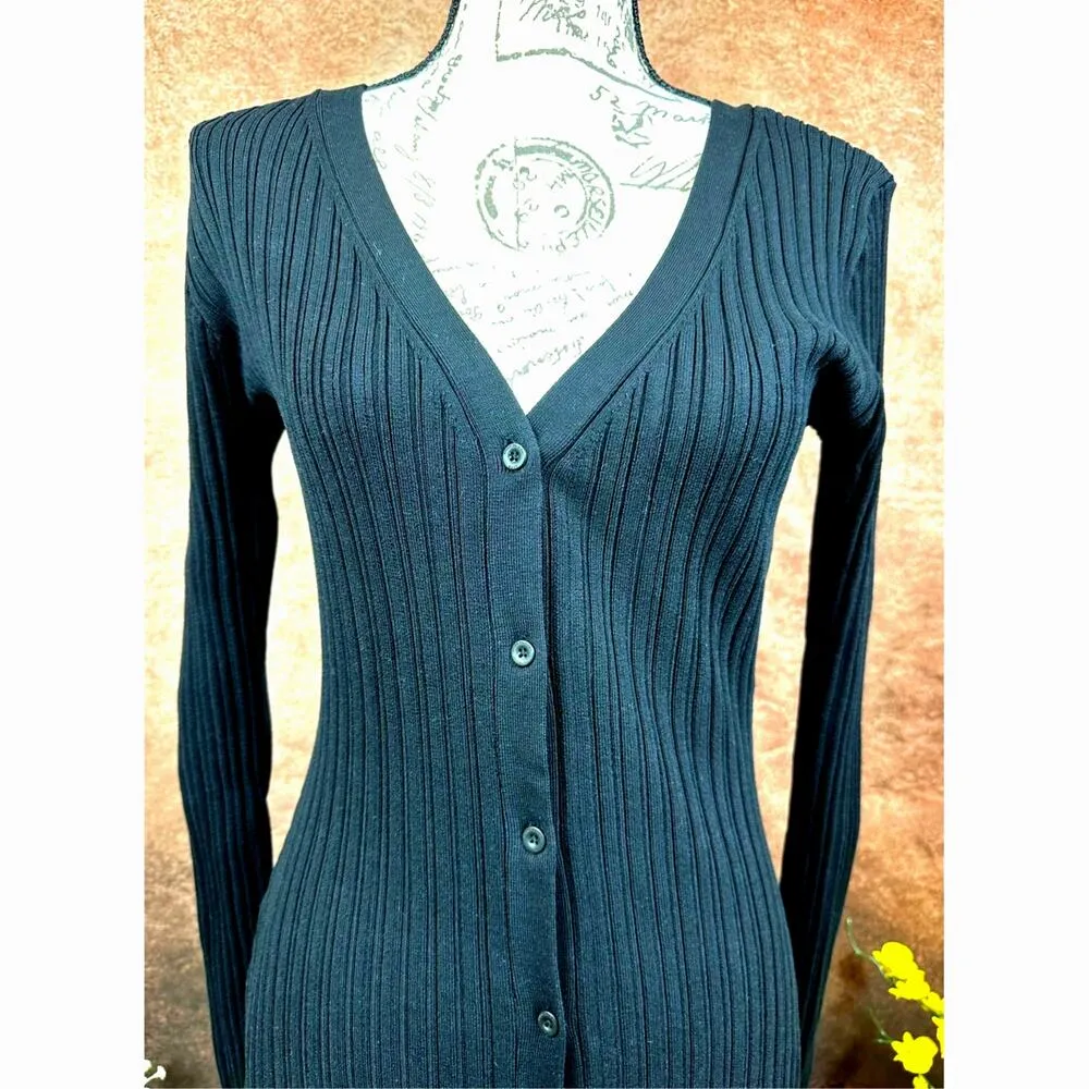 LITA By Ciara Icon Rib V Neck Cardigan Button Front Midi Dress Black M Size M - Image 11
