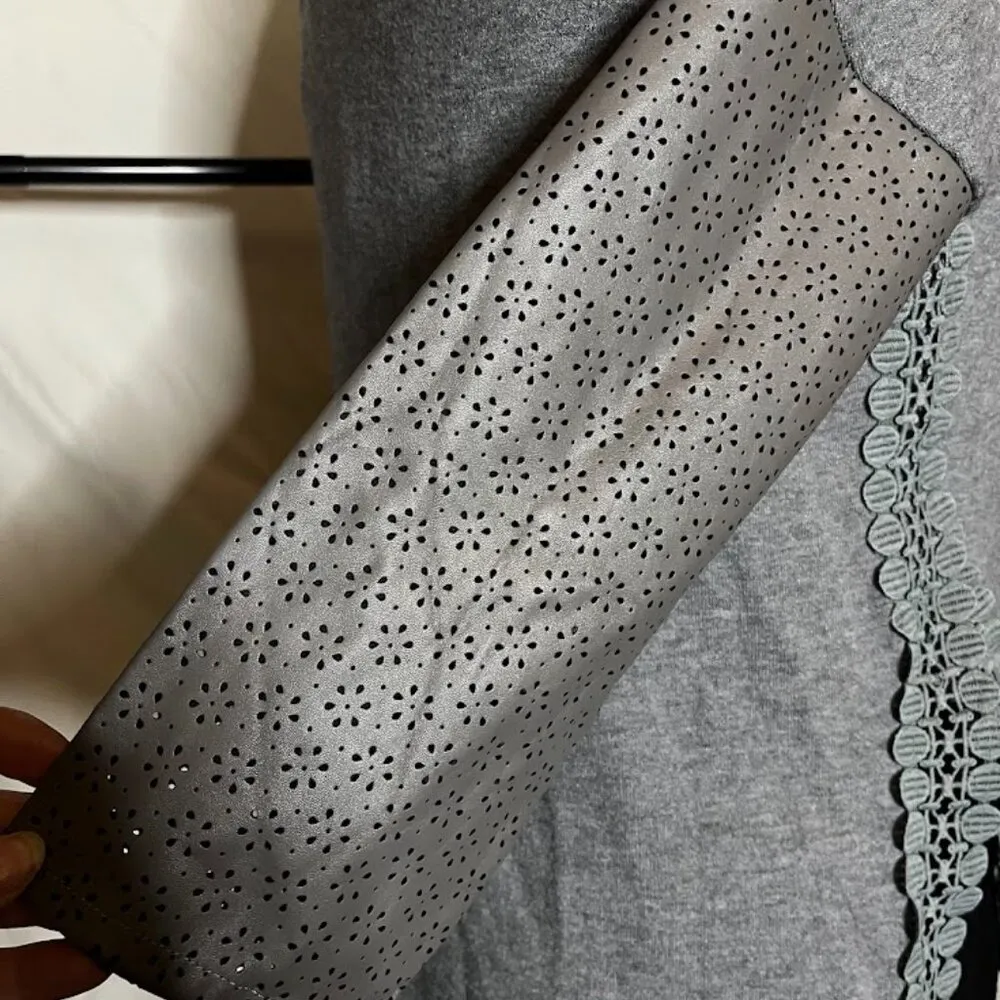 Miss Morena Gray Sweater Lace Long Pleather Sleeves NWOT Womens Large - Image 9