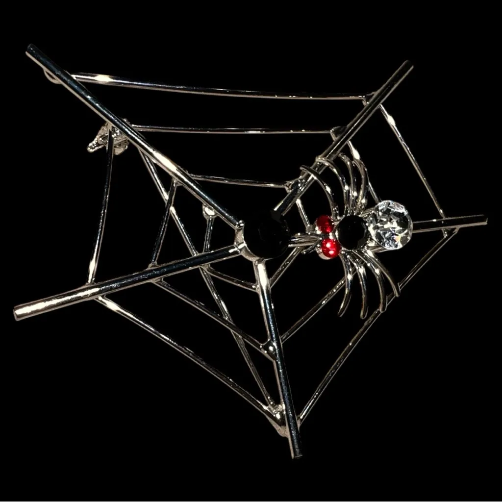 Silver Spider Web Brooch with Red Accents - Image 3