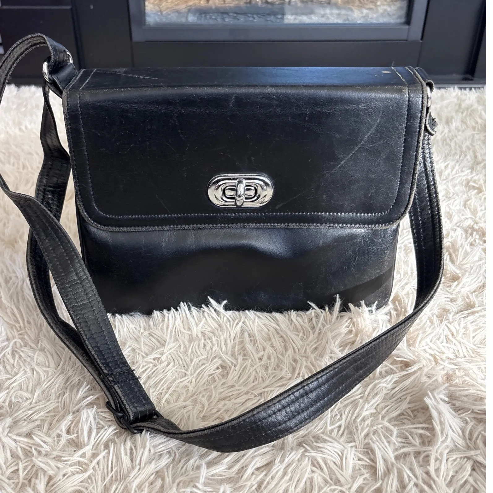 Vintage Black Leather Box Crossbody or Shoulder Bag Flap Close Silver Hardware - Image 1