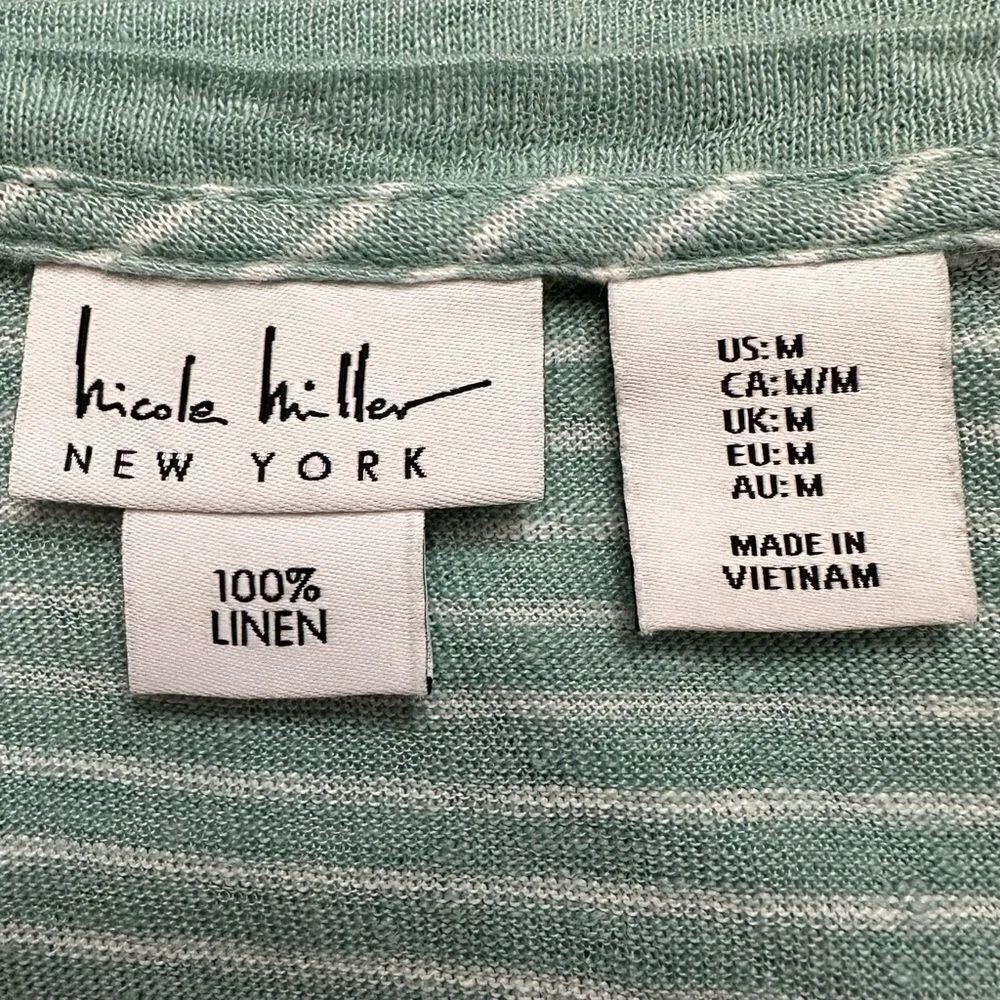 Nicole Miller 100% Linen Mint Green White Striped Short Sleeves Tee - Image 10