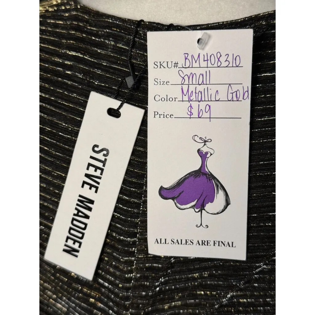 NEW STEVE MADDEN S Gold Green Metallic Ribbed Ruched Dress Long Sleeves V - Image 11