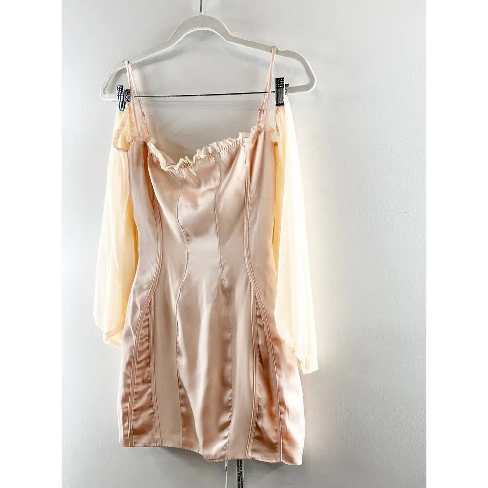 Mistress Rocks Satin Mesh Trim Off-the-Shoulder Bodycon Mini Dress Peach XS - Image 6