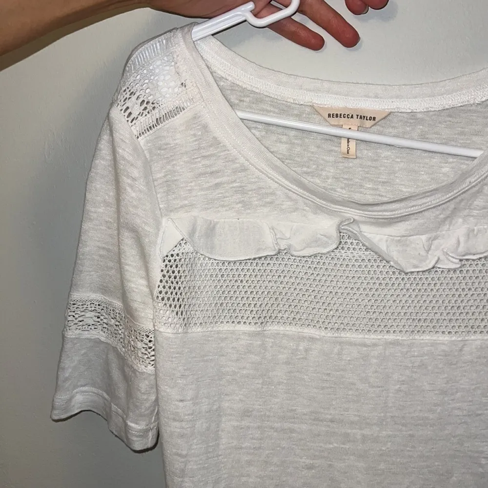 Rebecca Taylor white short sleeve top w/ crochet & ruffle detail size small - Image 2