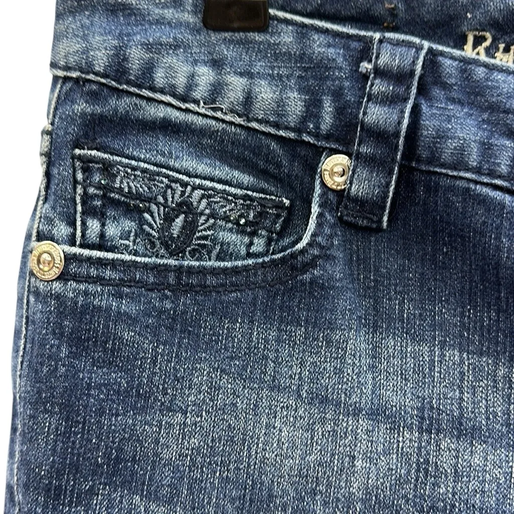 Rhythm in Blues Stretch Denim Low Rise Embroidered Classic 5 Pocket Cropped Sz 2 - Image 4
