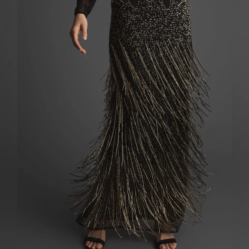 MAC DUGGAL 93584 Long Sleeve Beaded Fringe Evening Gown Dress - Image 4