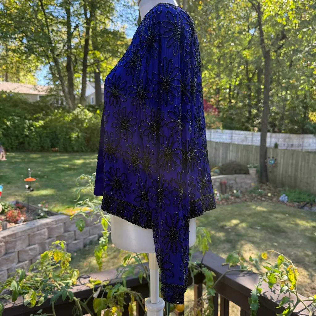 Stenay Jacket Royal Blue Purple ? Silk Black Bead Long Sleeve Lined Size M Size M - Image 3