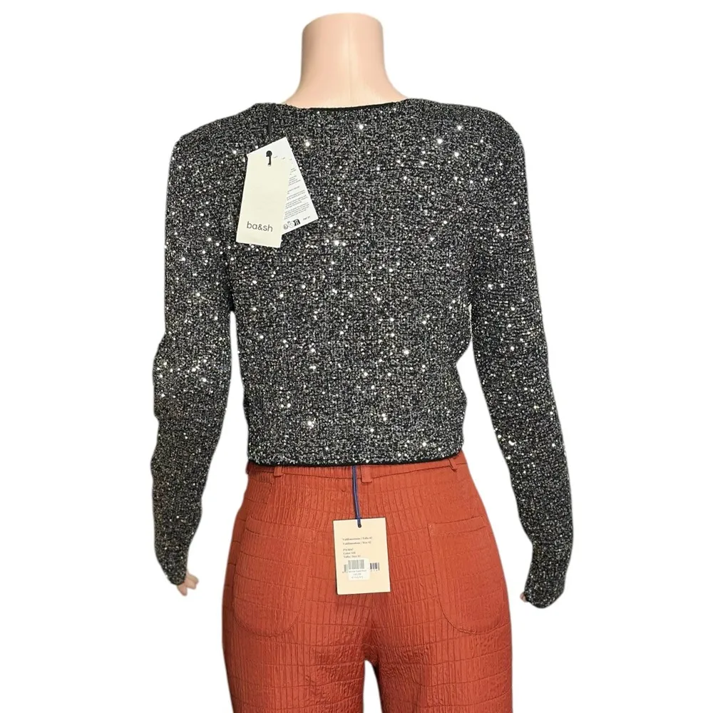 BA&SH Darry Knit Sequin Crop Top, Black, Large - Image 10