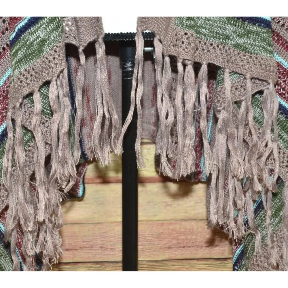 NWT Umgee Open Front Boho Fringe Cardigan Sweater Size M Fringe Long Sleeve Neut - Image 3