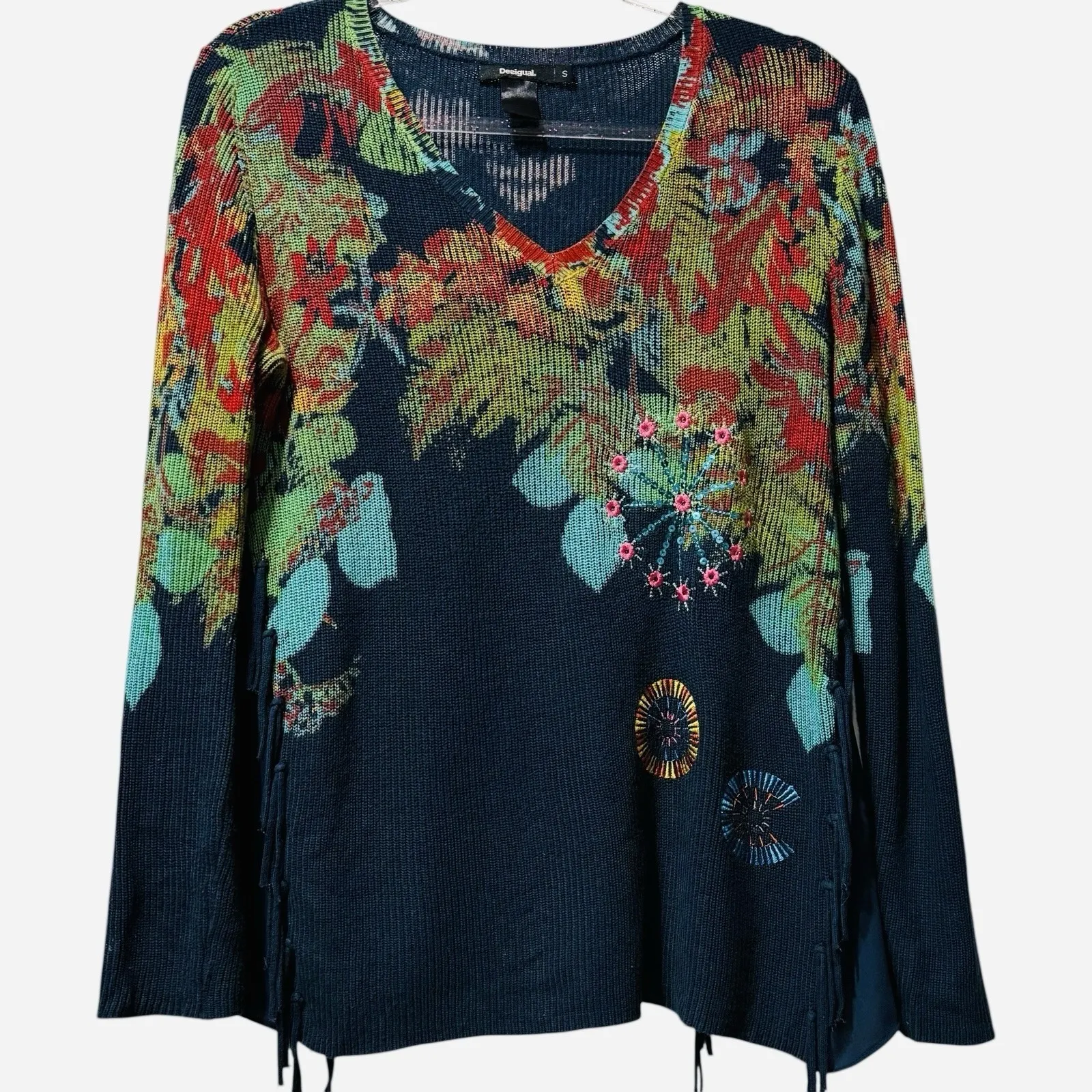 Desigual Floral Embroidered Fringe Hem Sweater Boho Artsy‎ Knit Navy Sz S - Image 5