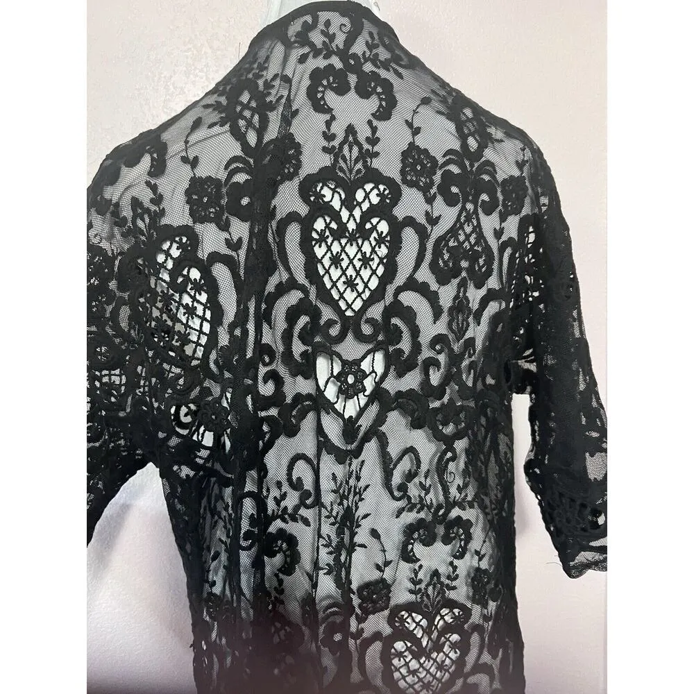 Mi Ami Boho Floral Lace Kimono Sleeve Embroidered Duster Sweater Black Size L Size L - Image 5