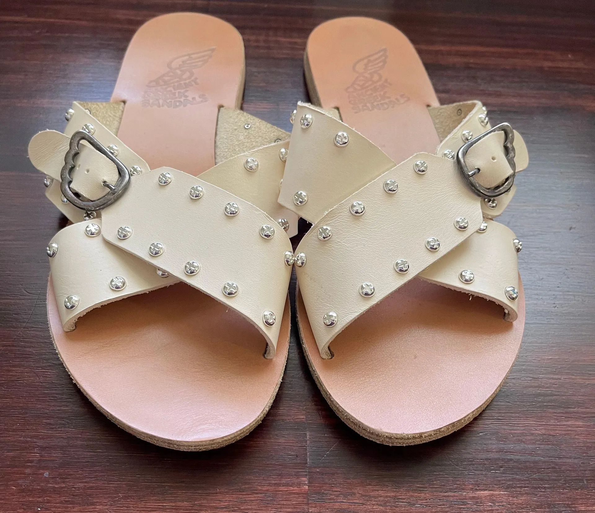 White Studded Cross Leather Sandals  - Image 3