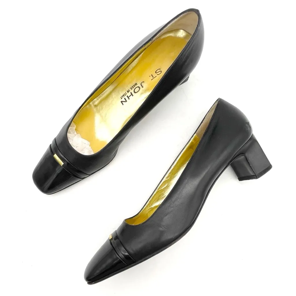 St. John Black Leather Cap Toe Heels Made in Italy Pumps Size 7 Vintage 80s 90s - Image 16