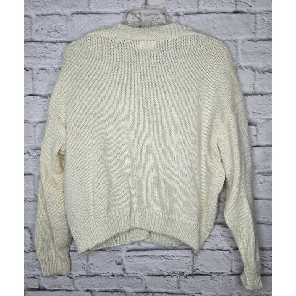 Luna Ivy Oversized Cream Strawberry Knit Cardigan Sweater Womens Medium Preppy Pink - Image 6