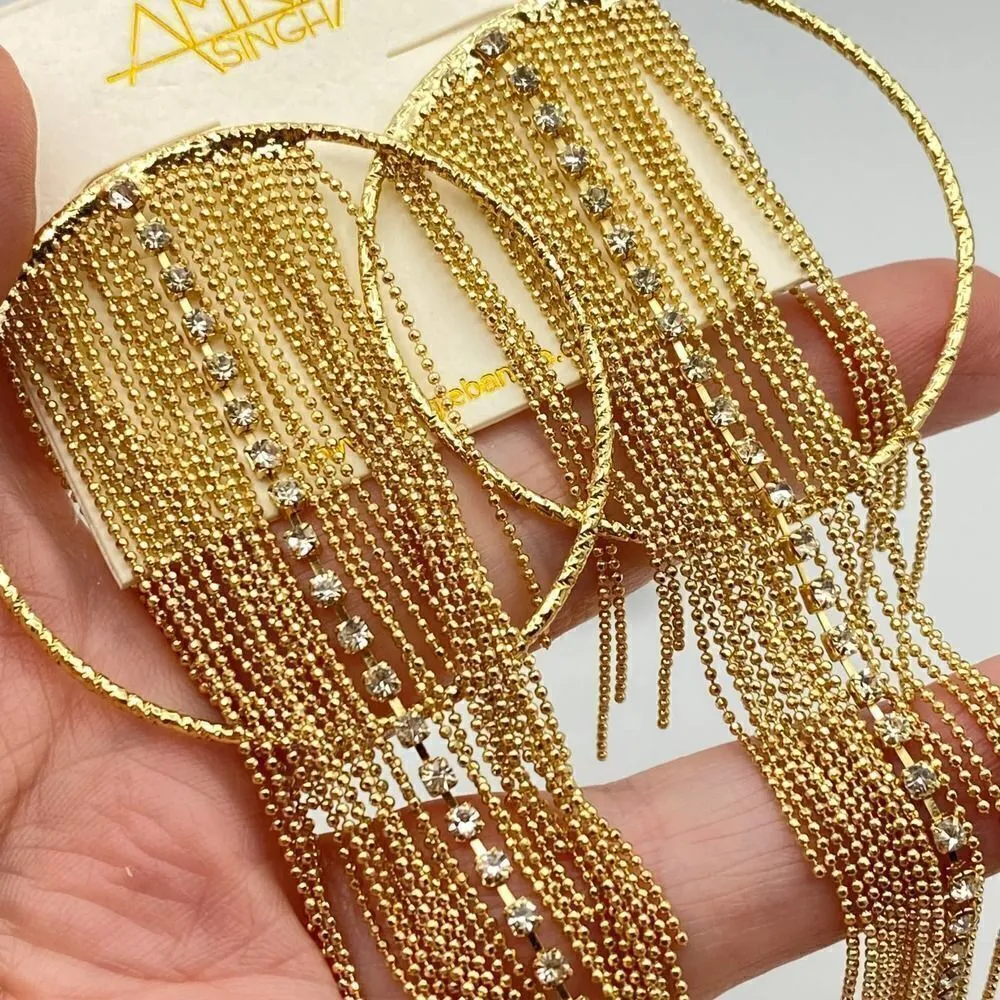 Amrita Singh Gold Chain Fringe Austrian Crystal Statement Earrings - Image 4