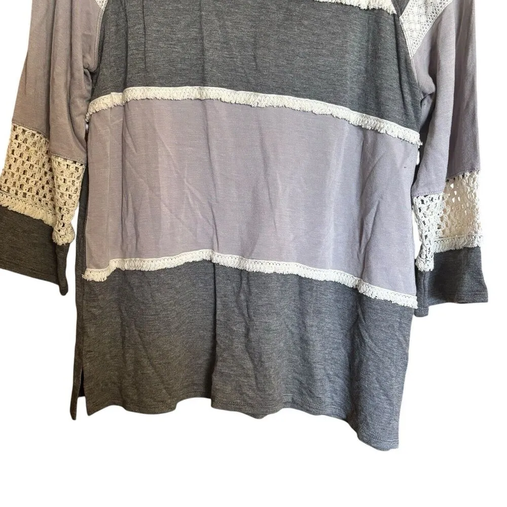 Multiples Top Womens Medium Gray Multicolor Stripe Fringe Stretch Blouse - Image 4
