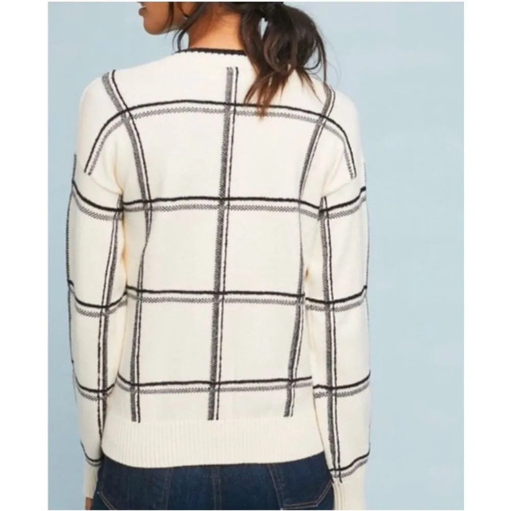 Moth Anthropologie Black White Windowpane Plaid V-Neck Sweater Size Medium - Image 2