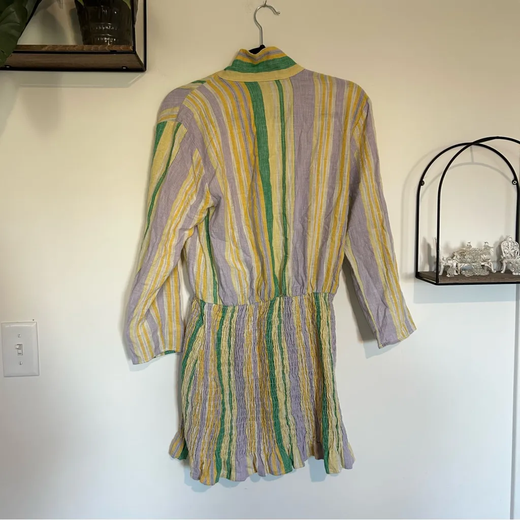 Zara Woman’s Deep V Neck Purple Green Yellow Striped Long Sleeve Mini Dress Lrg - Image 2