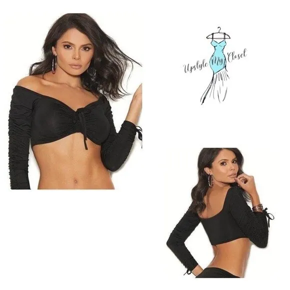 Elegant Moments long ruched tie sleeve sexy black crop top size XL - Image 2