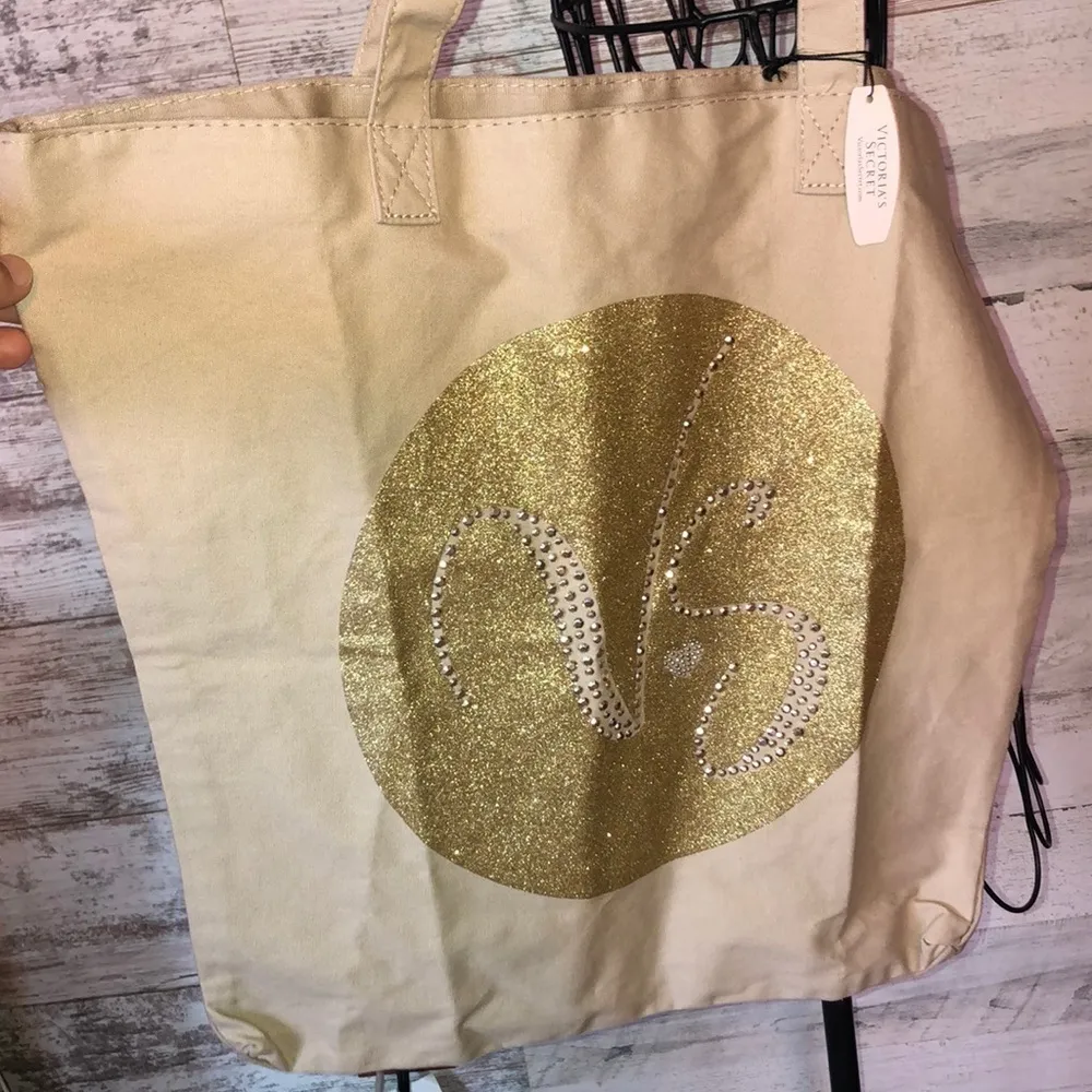 Victoria’s Secret Gold Sparkle Logo Canvas Tote Bag Beach Pool Tan Medium NWT‌ - Image 2