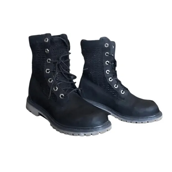 Timberlands Black Lace Up Combat Boots Textured Shaft Chunky Sole Women's Size 7 - Image 5