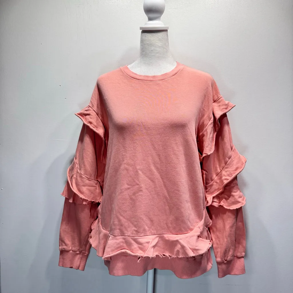 Easel Knit Ruffle Shirt Rose Peach Raw Edge Boho Feminine Girly Comfy Cotton S/M - Image 2
