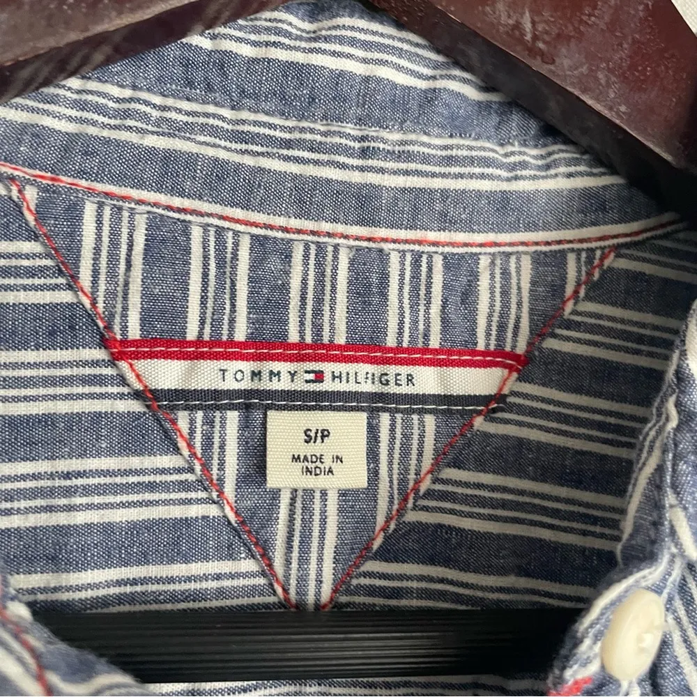 Tommy Hilfiger Tunic Shirt Dress Women Small Blue White Cinch Roll Linen Cotton - Image 4