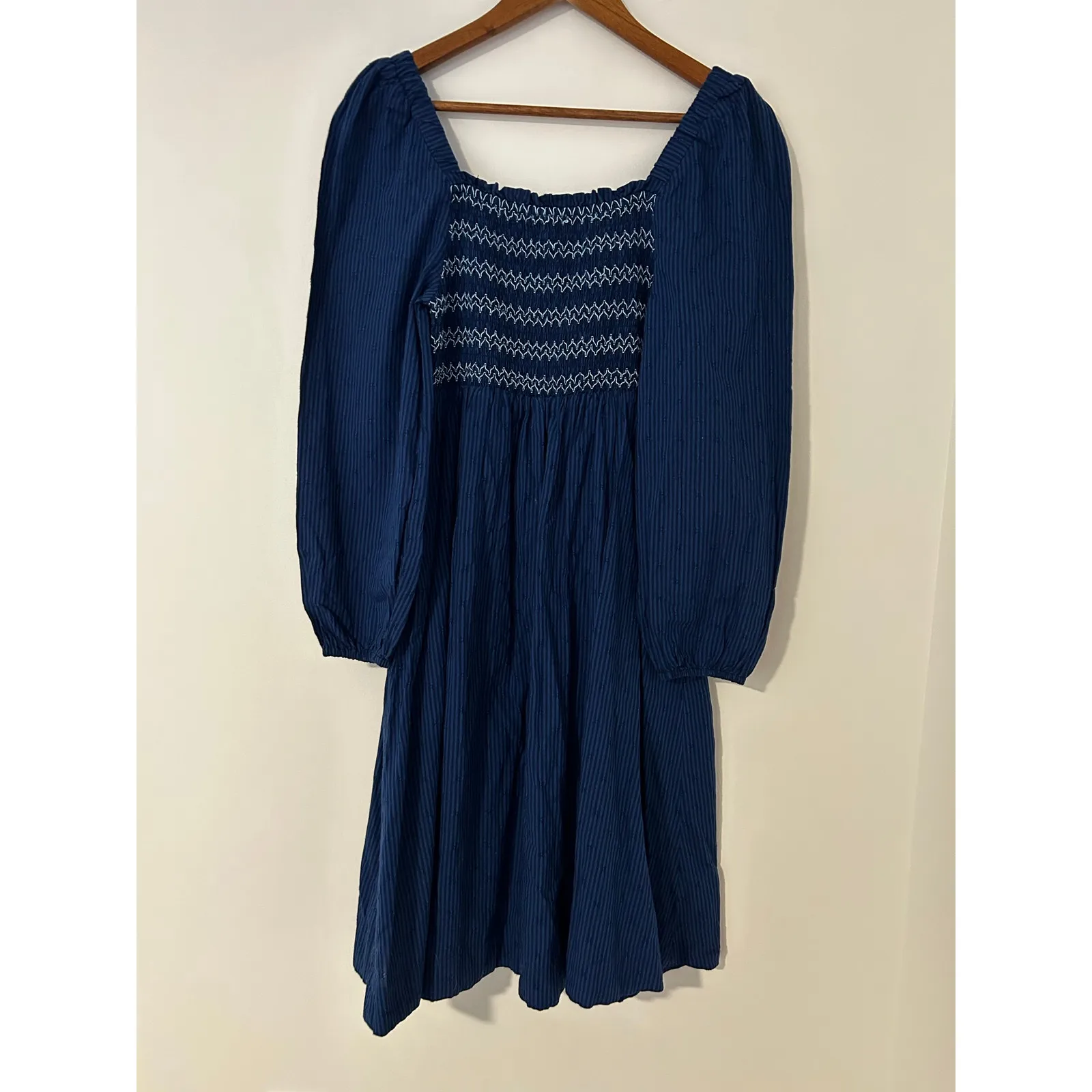 Draper James RSVP Puff Long Sleeve Smocked Bodice Dress Knee Length Blue EUC S - Image 10