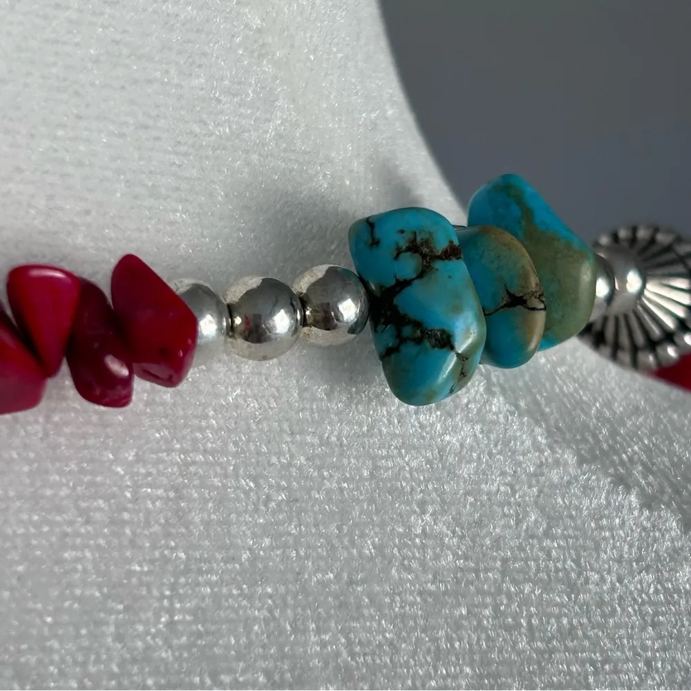 Vintage Coral & Natural Turquoise Necklace Trading Post Southwest Native Jewelry Blue - Image 6