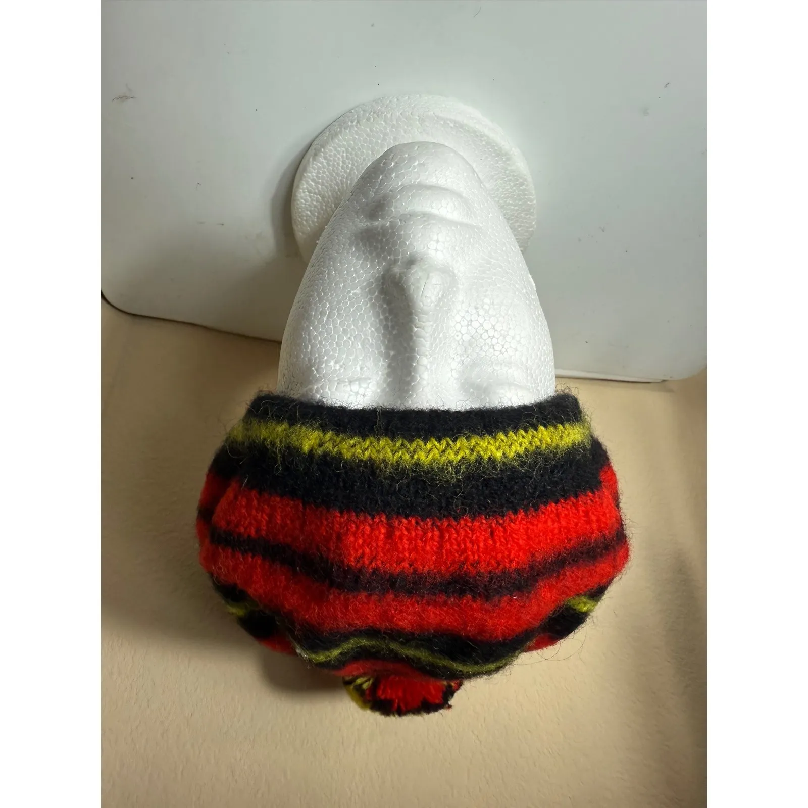 Wallace Wool Beret Hat Striped Red Black Yellow Pom Pom Made in Scotland - Image 2