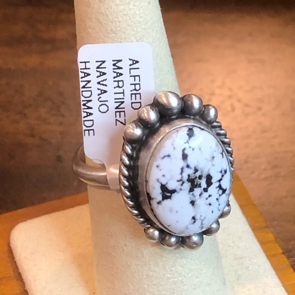 WHITE BUFFALO Turquoise Sterling Silver Cabochon Navajo Handmade Ring Adjustable - Image 7