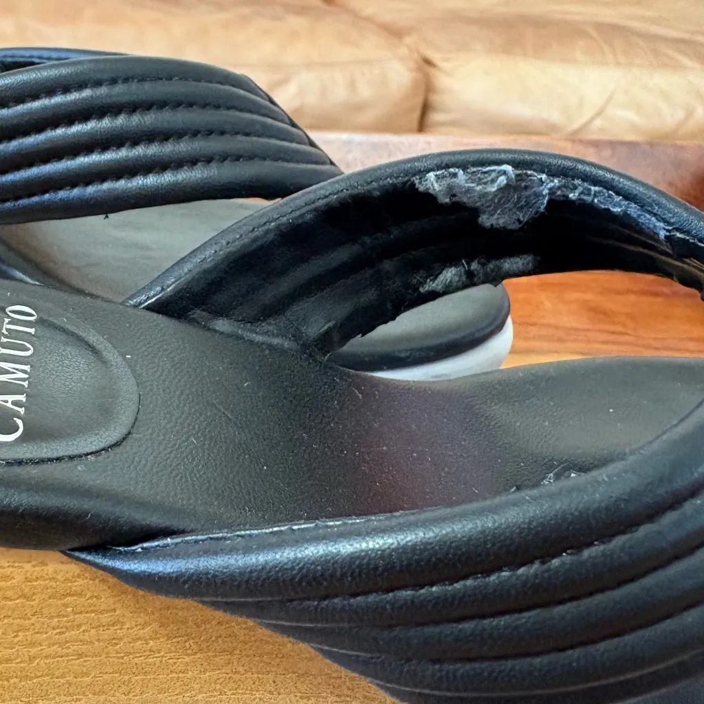 VINCE CAMUTO Perseena Black Leather Wedge Sandals - Image 7