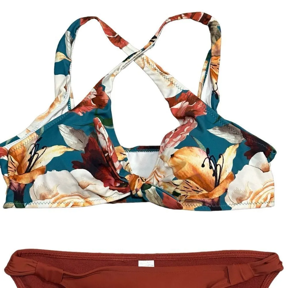 Rust Color & Floral Longline Bikini Size Medium - Image 4