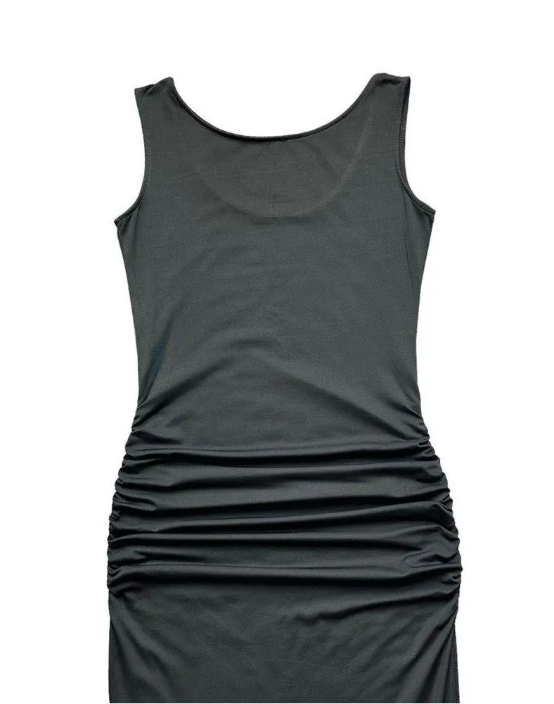 🔃Black Scoop Neck Ruched Sleeveless Split Slit Hem Bodycon Maxi Tank Dress Black Size XS - Image 5