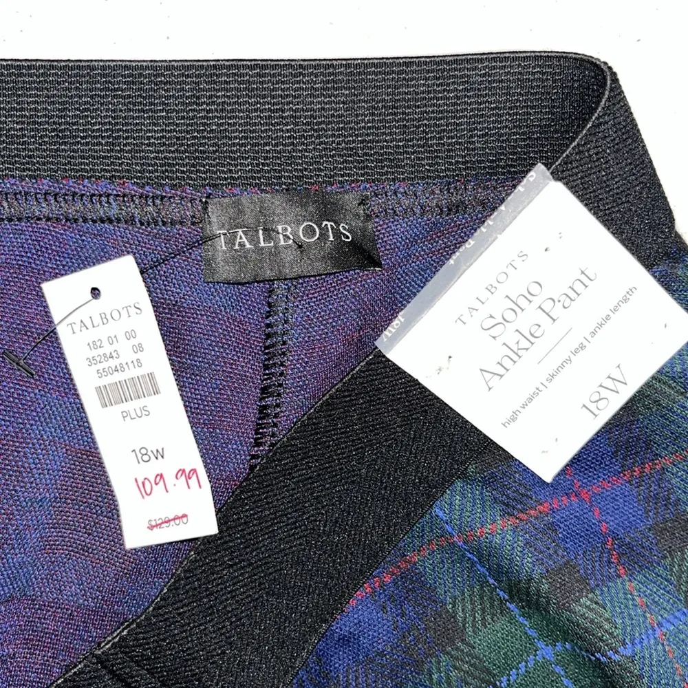 Talbots NWT Size 18W Blue & Green Plaid High Waist Skinny Leg Soho Ankle Pants - Image 3
